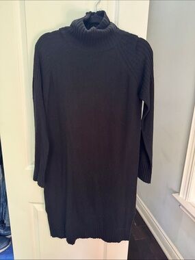 Black Turtleneck Long-Sleeve Sweater Dress Marino Wool and Cashmere